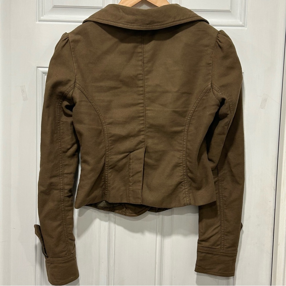 FREE PEOPLE Moto Jacket Olive Army Green Military Coat Leather Trim Buttons Sz 4 - Picture 6 of 11